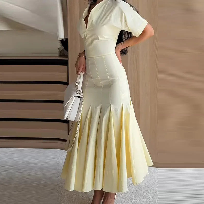 Solid Strapless Short Sleeve Regular Fit A-Line Mid-Calf Dress – Natural Waist, All Season Luxegan