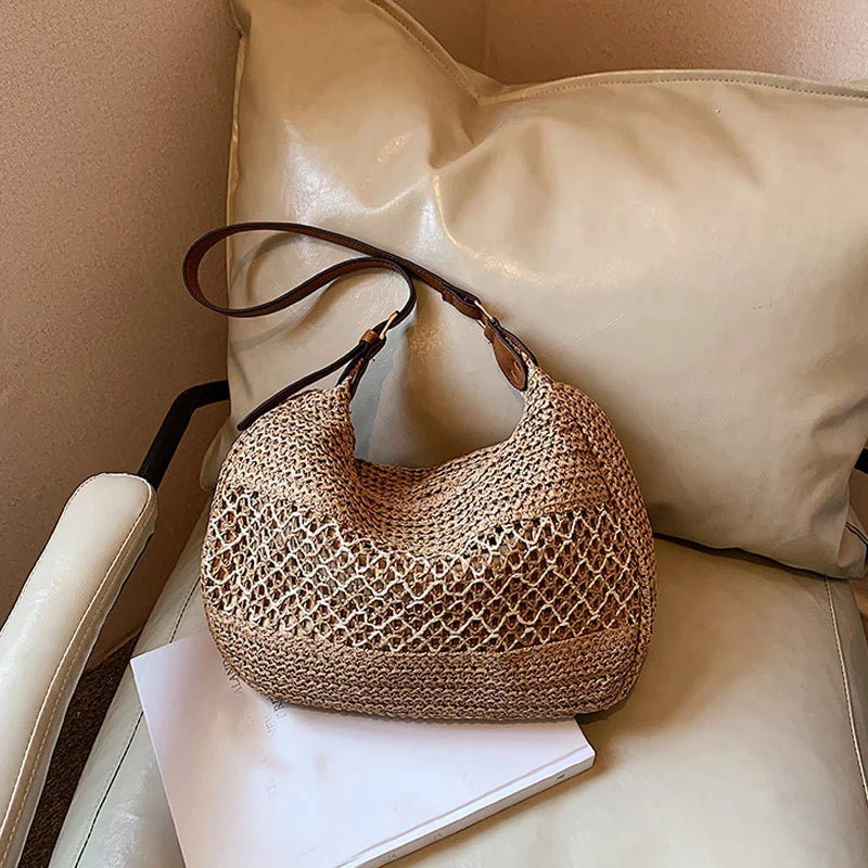 Large Capacity Summer Straw Weaving Shoulder Bag | Women's Handmade Crochet Beach Handbag & Woven Hollow Out Underarm Knitting Bag Luxegan