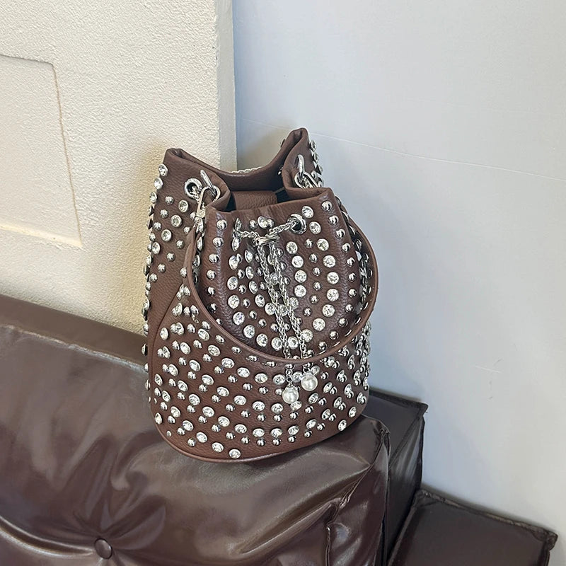 Studded Punk Rock Bucket Bag for Women | Pearl Charm Drawstring Leather Shoulder Bag | Premium Rhinestone Crossbody Purse | Autumn & Winter Solid Color Moderate Hardness Tote Model A Luxegan