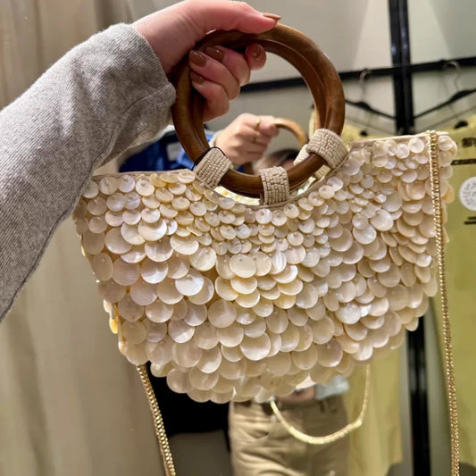 Designer Women's Pearlescent Inlay Half Moon Crossbody Bag | Exquisite Shell Beaded Handbag with Sequin & Wooden Handle Tote Luxegan