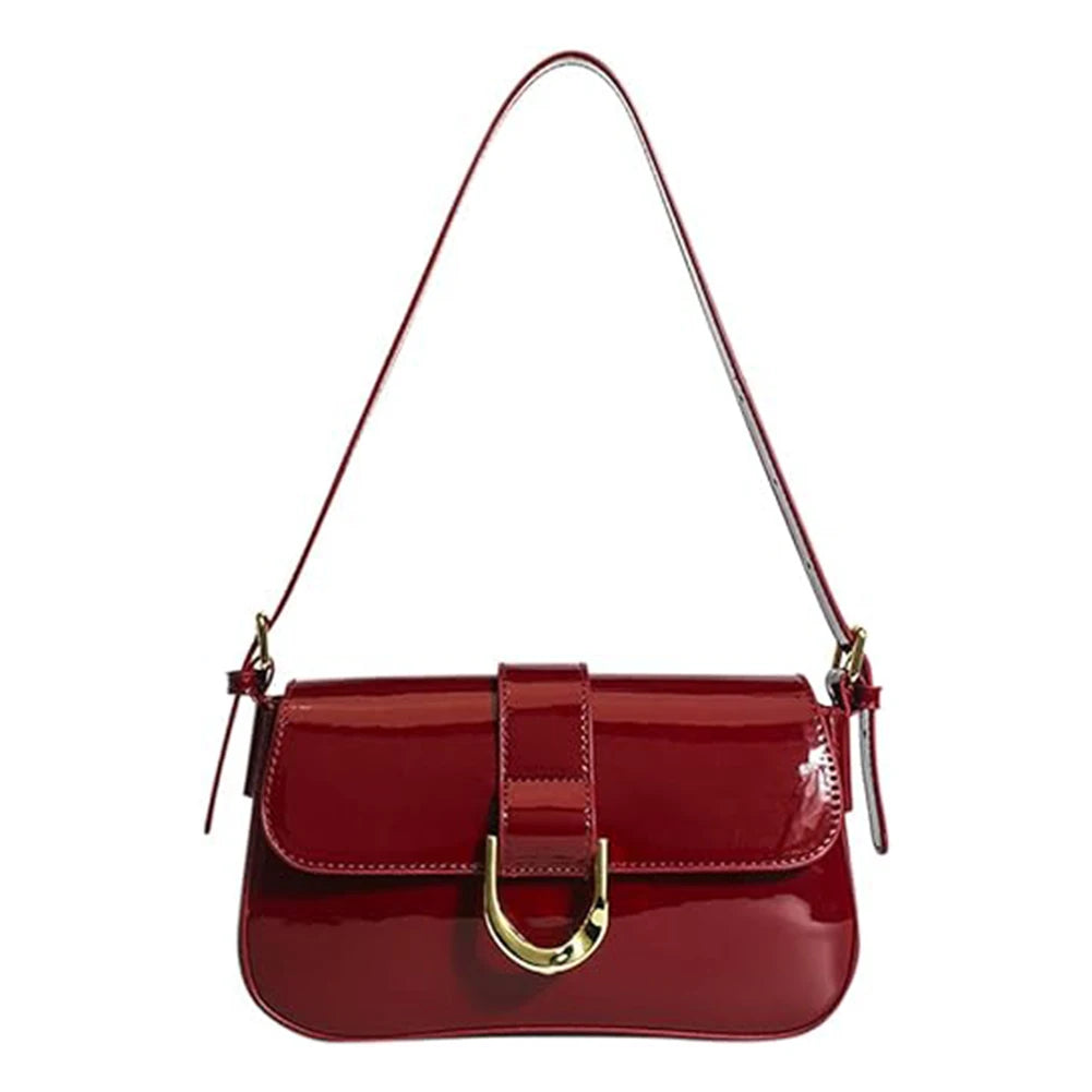 Retro Patent Leather Shoulder Bag for Women | Luxury Flap Crossbody & Solid Color Underarm Bag (Red Lady Handbag Luxegan