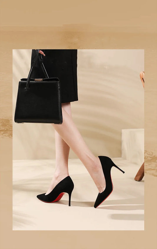 Autumn New Women's Suede High Heels | Sophisticated Red Shiny Bottom Pumps | Elegant "Handmade Flannel" Silhouette | "Dignified" Fashionable Temperament Shallow Wedding Shoes for Radiant Versatile Styling Luxegan