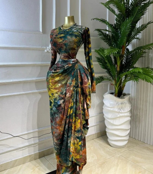 Women's Tie-Dye Ruched Ribbon Long Sleeve Maxi Dress Luxegan