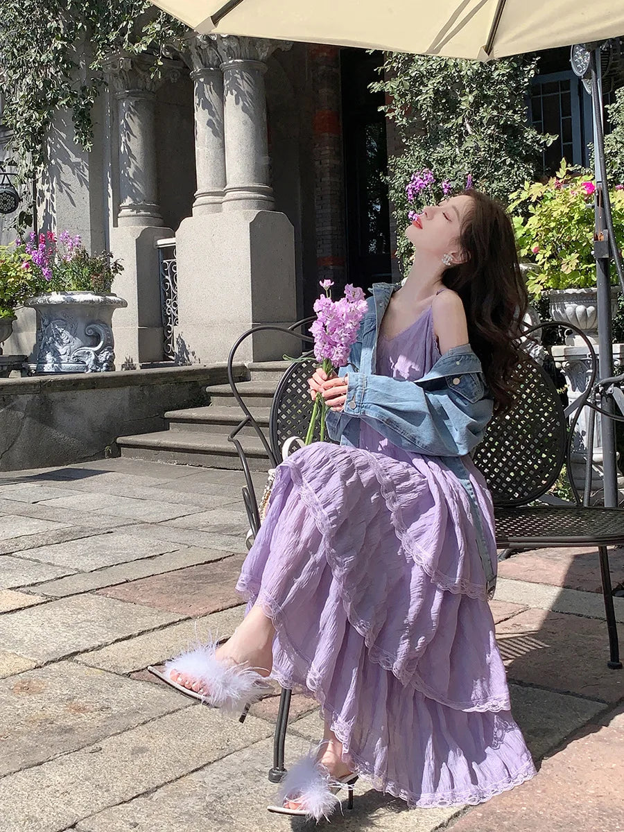 Women's Summer Befree Long Vintage Dress | Elegant Ruffle Lace Party Gown | Sexy Silky Beach Maxi Strap Camis Dress | Premium High Stretch Regular Fit Ball Gown Luxegan