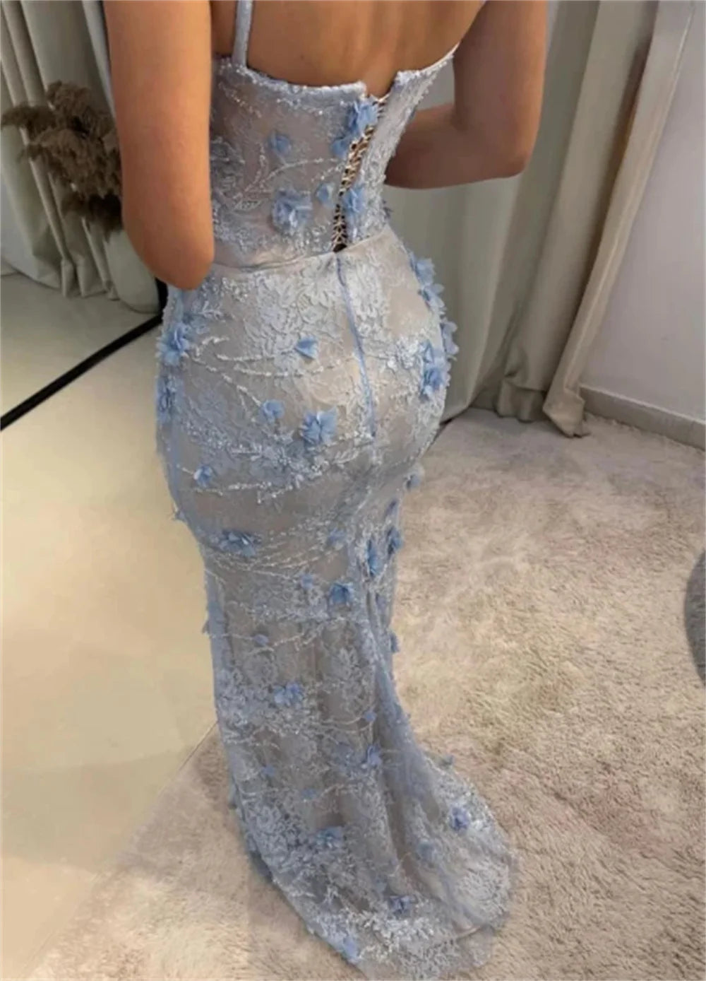 Cathy Customized Sky Blue Exquisite Flowers Prom Dress Spaghetti Straps Lace-up vestidos de noiva Floor-length Evening Dresses