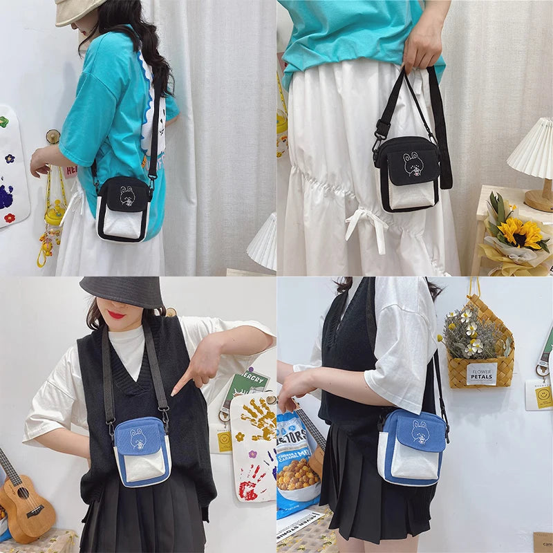 Korean Fashion Canvas Shoulder Bag | Small Messenger Crossbody for Girl Students | Sophisticated Cartoon Aesthetic Cotton Cloth Handbag | Fashion-Forward Square Canvas Bag for Daily Study & Leisure Luxegan