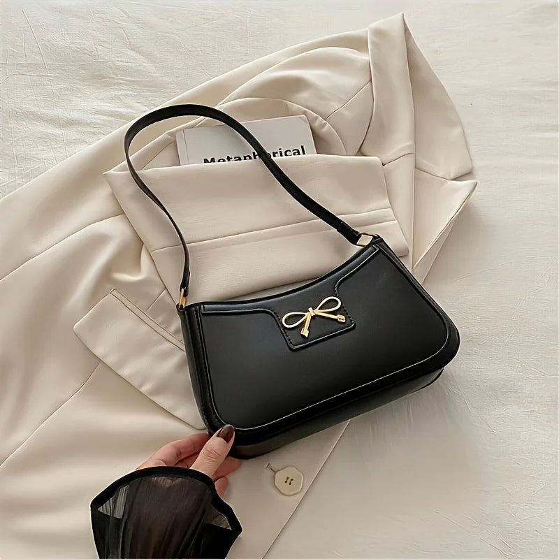 Elegant Solid Color Bowknot Shoulder Bag | Sophisticated Small Square Handbag for Women | Fashion-Forward Sequined Underarm Bag | Trendy PU Leather Casual Tote with Versatile Single Strap Luxegan