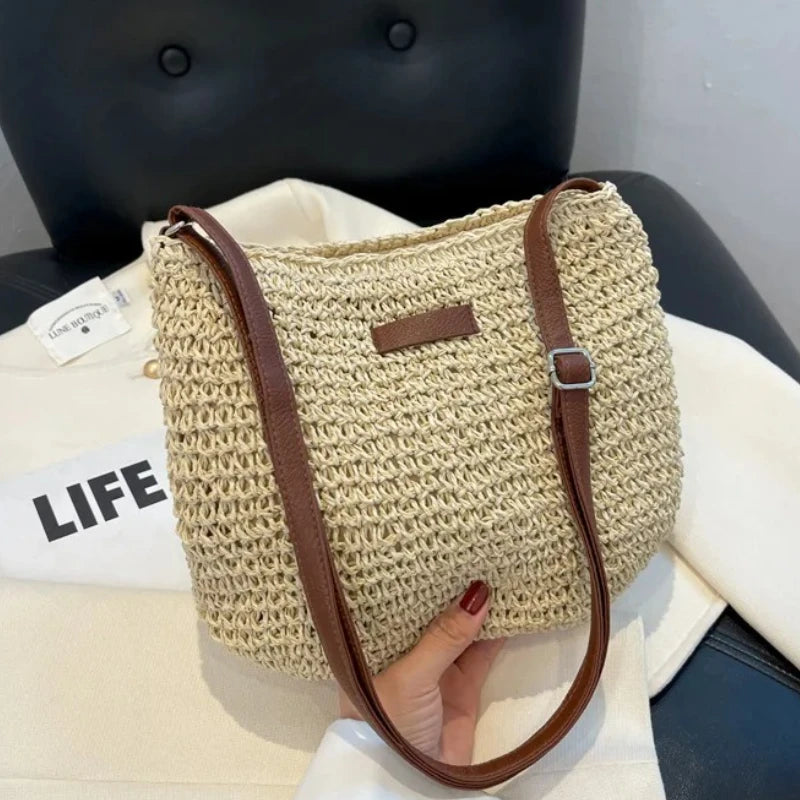Women’s Fashion Straw Shoulder Bag | Large Capacity Paper Woven Handbag | Casual Summer Beach Tote with Zipper Closure | Minimalist Daily Straw Purse Luxegan