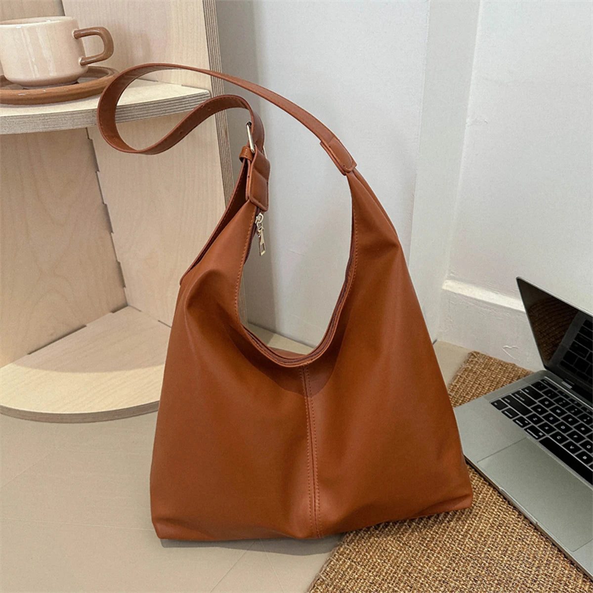 PU Leather Solid Hobo Bag | Soft Trendy Retro Large Capacity Commute Tote Luxegan