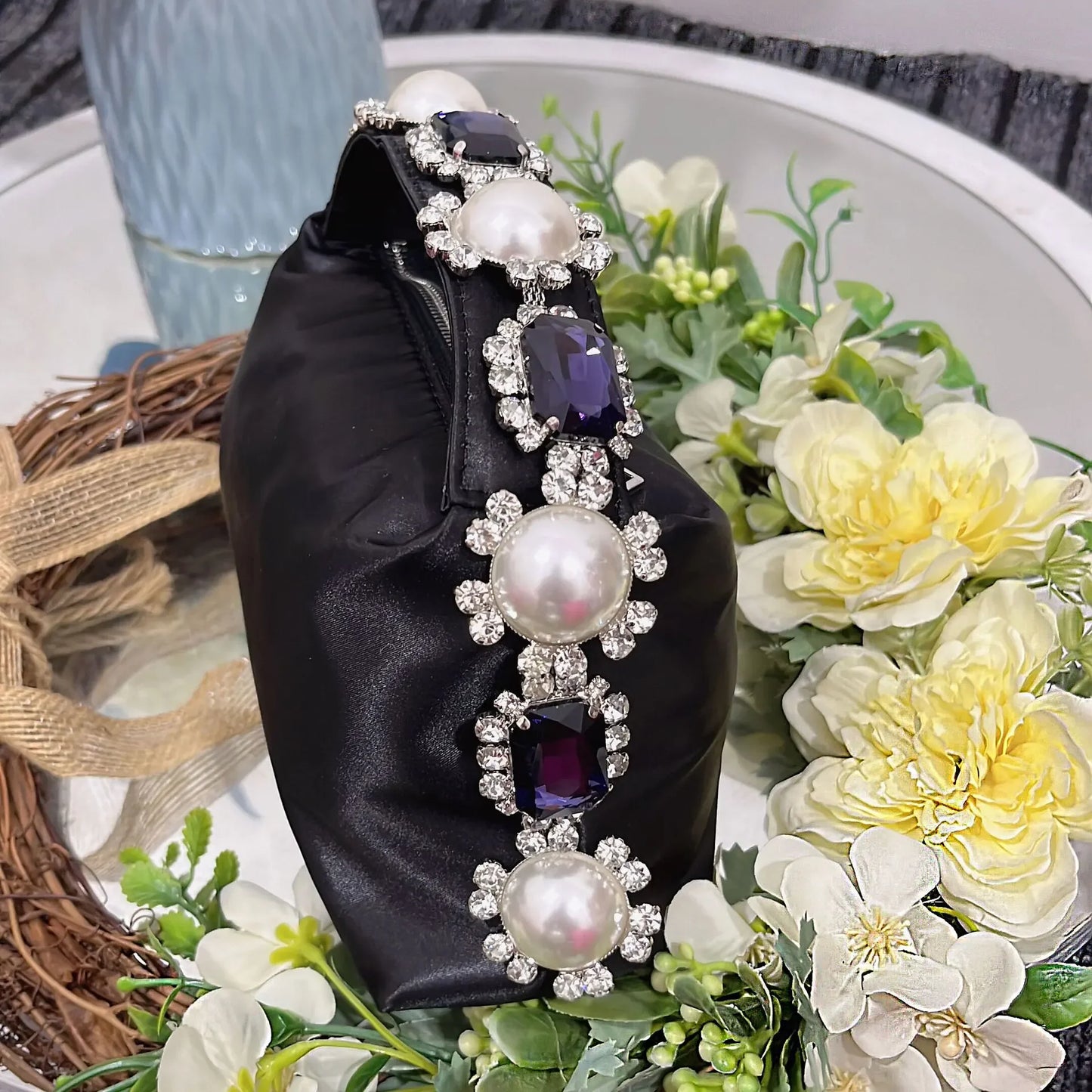 Luxury Feather & Pearl Evening Clutch | Designer Satin Wedding Purse with Diamond Decoration | Fashionable Sparkling Square Party Tote | Elegant White Satin Flap Handbag Luxegan
