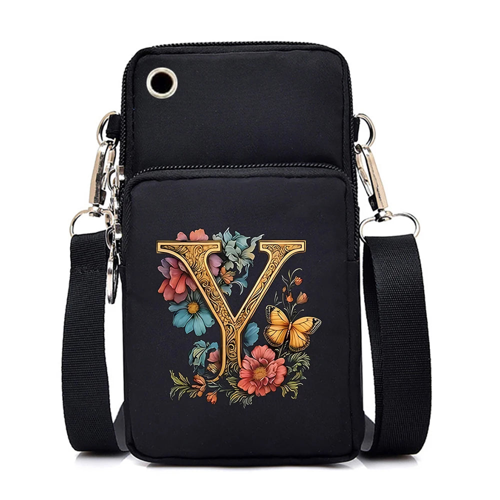 Women’s Small Crossbody Mobile Phone Bag | Sophisticated Vintage Flower & Alphabet Purse | Elegant Mini Messenger with Soft Leather Strap | Fashion-Forward Cartoon Applique Shoulder Bag (Model 858) Luxegan