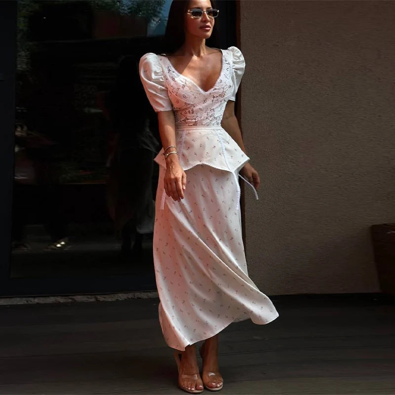 Organza Floral Printed Maxi Dress V-Neck  Puff Sleeve 2026 Spring/Summer Romantic Women Party Gown Fashion Elegant Lady Vestidos