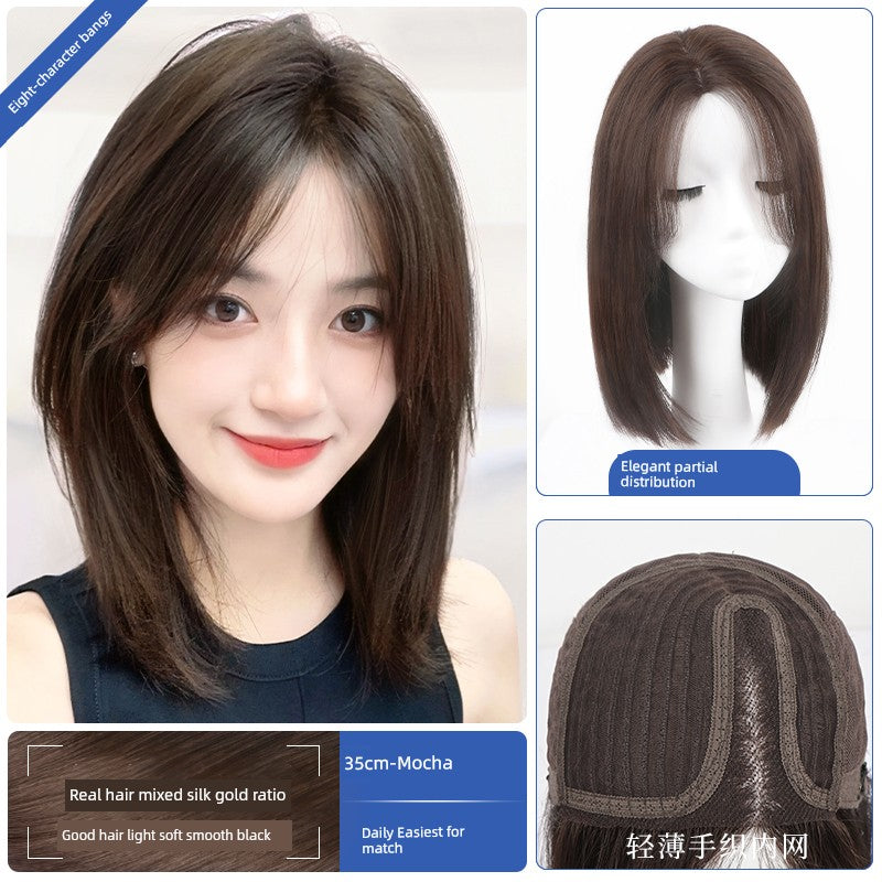 Natural Full-Head Human Hair Wig | Classy Collarbone Length Short Straight Wig with Oblique Bangs for Women (Sweet & Lovely, Elegant Style) Luxegan
