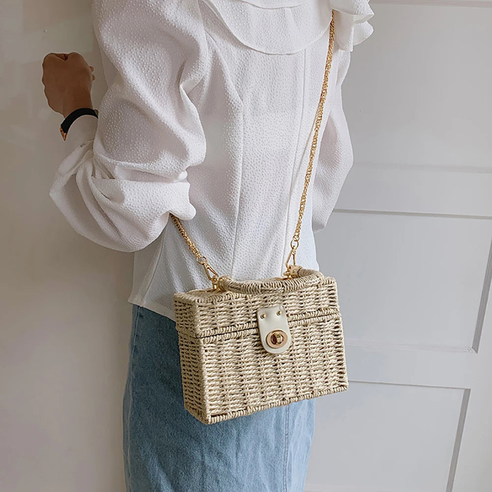 Rattan Straw Shoulder Bag | Women's Boho Hand-Woven Basket Messenger Pouch & Summer Beach Top-Handle Handbag Luxegan