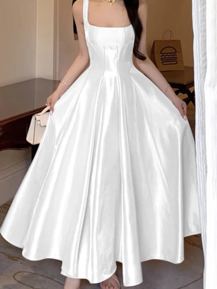 Women's Elegant White Silky Satin Maxi Dress | Graceful Square Neck Wedding Guest Evening Gown | Sexy & Club Sleeveless Tank Party Robe | Premium Non-Stretch Slim Fit A-Line Dress Luxegan
