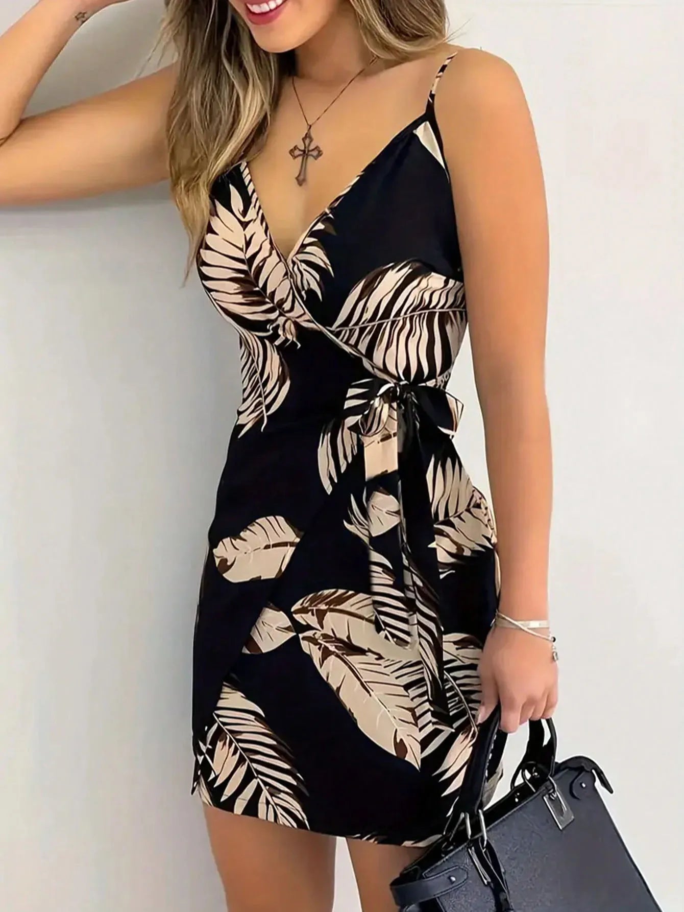 Tie-Front Floral Spaghetti Strap Mini Dress | Casual V-Neck Asymmetrical Summer Sundress | Elegant Non-Stretch Everyday Dress Luxegan