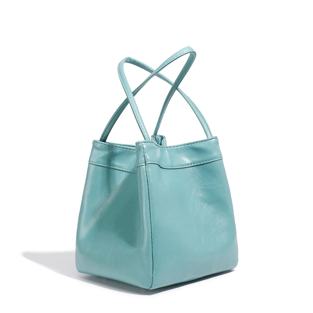 PU Leather Solid Bucket Bag | Soft Silver Fashionable Lunch Box Handbag Luxegan