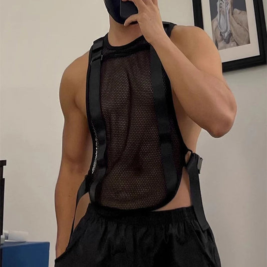 Mesh Transparent O-Neck Tank Top | Sophisticated Sleeveless Mesh Silhouette | Elegant "Summer-Ready" Transparent Vest | "Dignified" Black Streetwear for Radiant Versatile Styling Luxegan