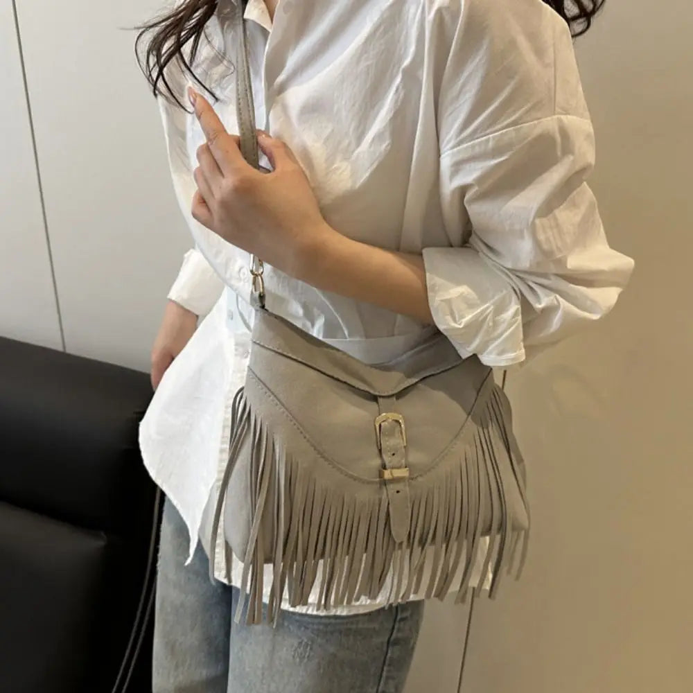 Casual Korean Tassel Shoulder Bag | Solid Color Suede & PU Leather Underarm Pack | Ethnic Bohemian Style Travel Handbag (Women) Luxegan
