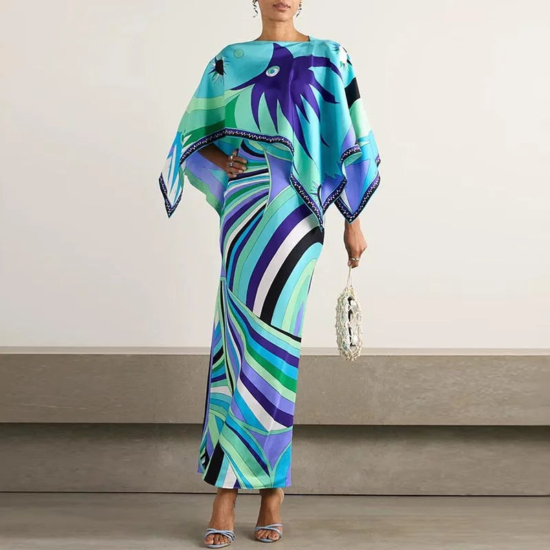 Stripe Print Round Neck Full Batwing Sleeve Loose Fit Sheer Ankle-Length Dress – Available as Dress or 2-Piece Set, Spring/Summer Luxegan
