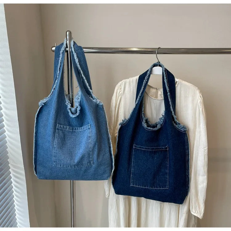 Custom Logo Printing Denim Tote Bag | High-Quality Student Style Leisure Handbag | Unisex Cartoon Pattern Canvas-Lined Crossbody Bag (Model 3138) Luxegan