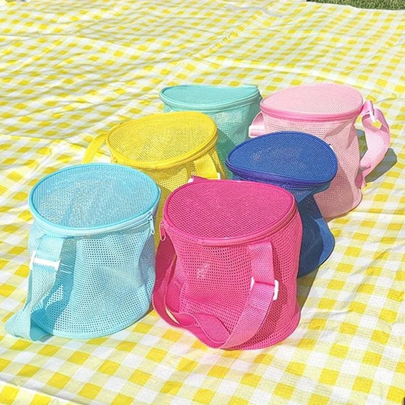 Net Yarn Shell Storage Bag | Sophisticated Three-Dimensional Circle Beach Bucket | Elegant Dredging Toy Collection Bag | High-Quality Polyester Mesh Finishing Pouch with "Dignified" Barrel Shape Luxegan