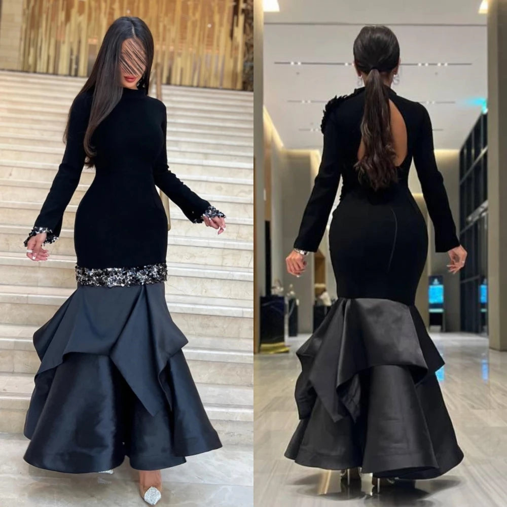 Beaded Draped Tiered High Collar Full-Length Sleeve Trumpet/Mermaid Ankle-Length Occasion Dress – Polyester Satin, Built-In Bra, Natural Waist Luxegan