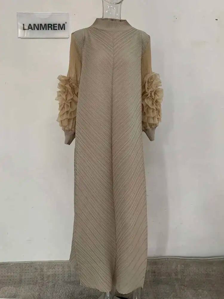 Pleated Lettuce Hem Maxi Dress | Turtleneck Full Sleeve Loose A-Line Casual Dress Luxegan