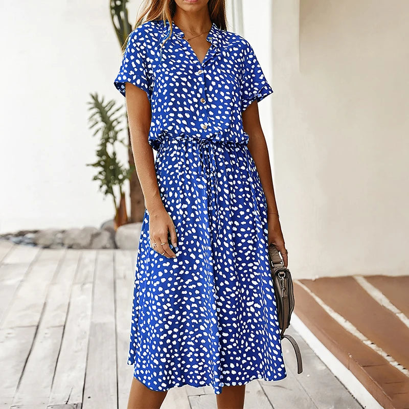Polka Dot Short Sleeve A-Line Dress – Button Front, Knee-Length, Summer Casual Luxegan