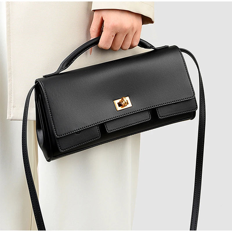 Genuine Leather Solid Satchel | Soft Black Lock Design Shoulder Crossbody Bag Luxegan