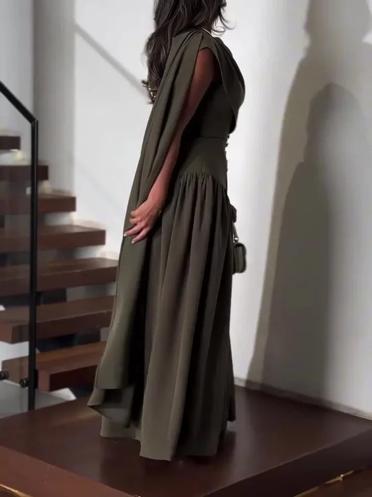 Hollow-Out A-Line Maxi Dress – Batwing Sleeve, Draped Detail, Ankle-Length, Bohemian Luxegan