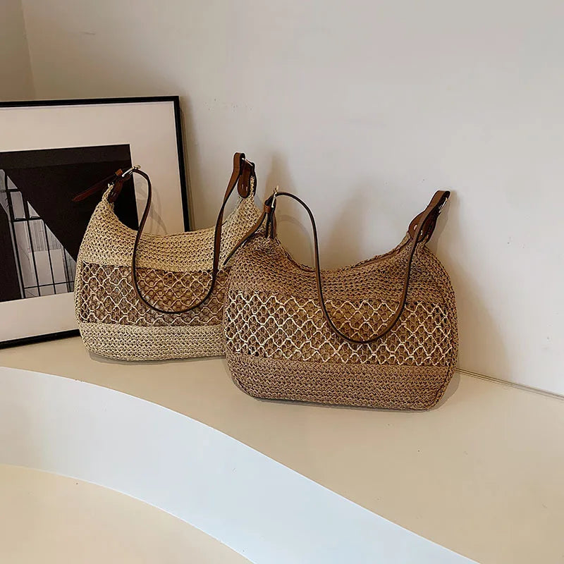 Large Capacity Summer Straw Weaving Shoulder Bag | Women's Handmade Crochet Beach Handbag & Woven Hollow Out Underarm Knitting Bag Luxegan