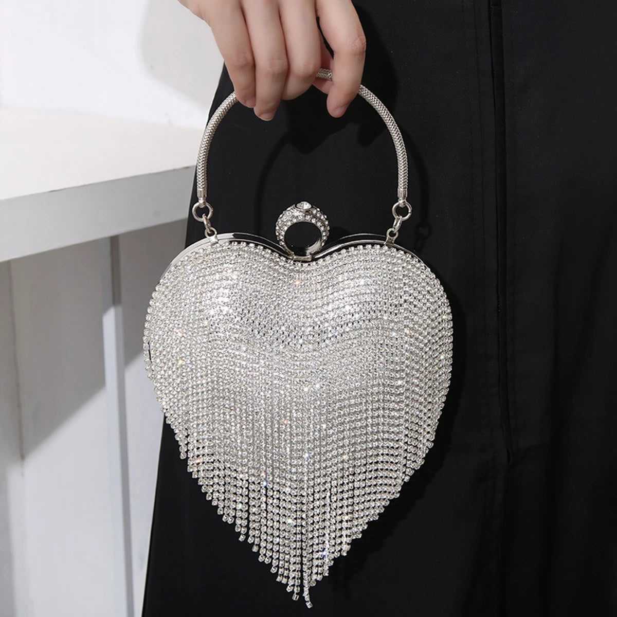 Rhinestone Evening Bag | Heart Pattern Silver Handbag & Diamond Tassel Clutch Luxegan