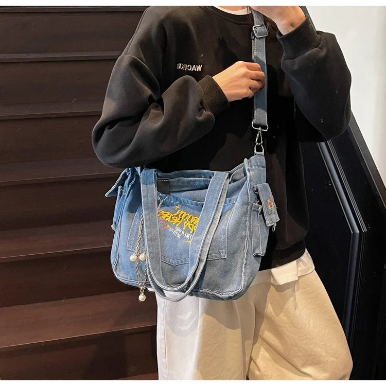 Large Capacity Denim Bag for Women | Casual Versatile Crossbody Commuting Bag | Travel Storage Bucket Handbag Luxegan