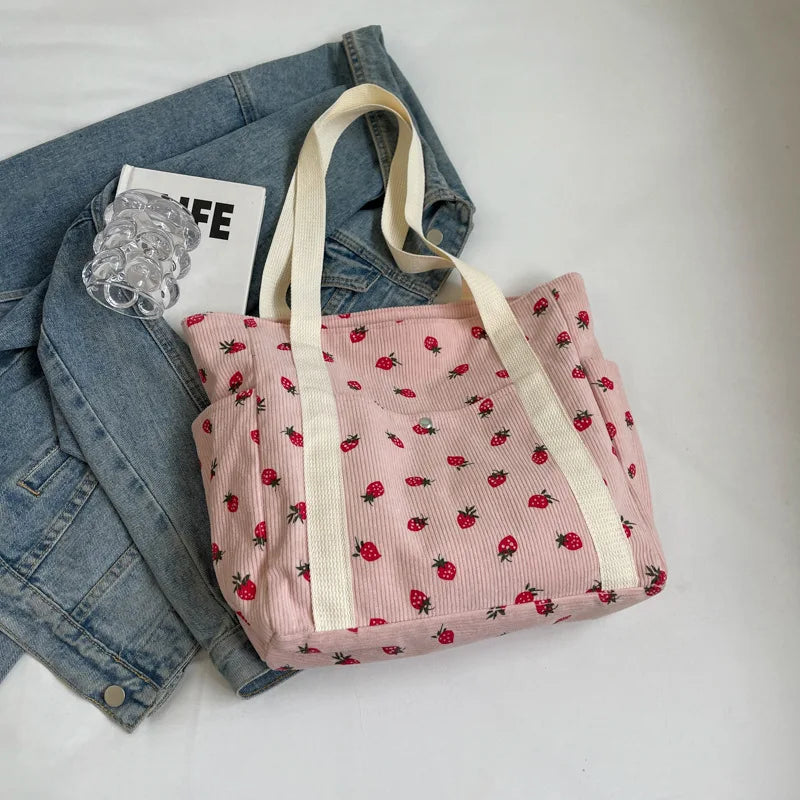 Corduroy Fruit Print Handbag | Sweet Girl Zippered Underarm Bag Luxegan