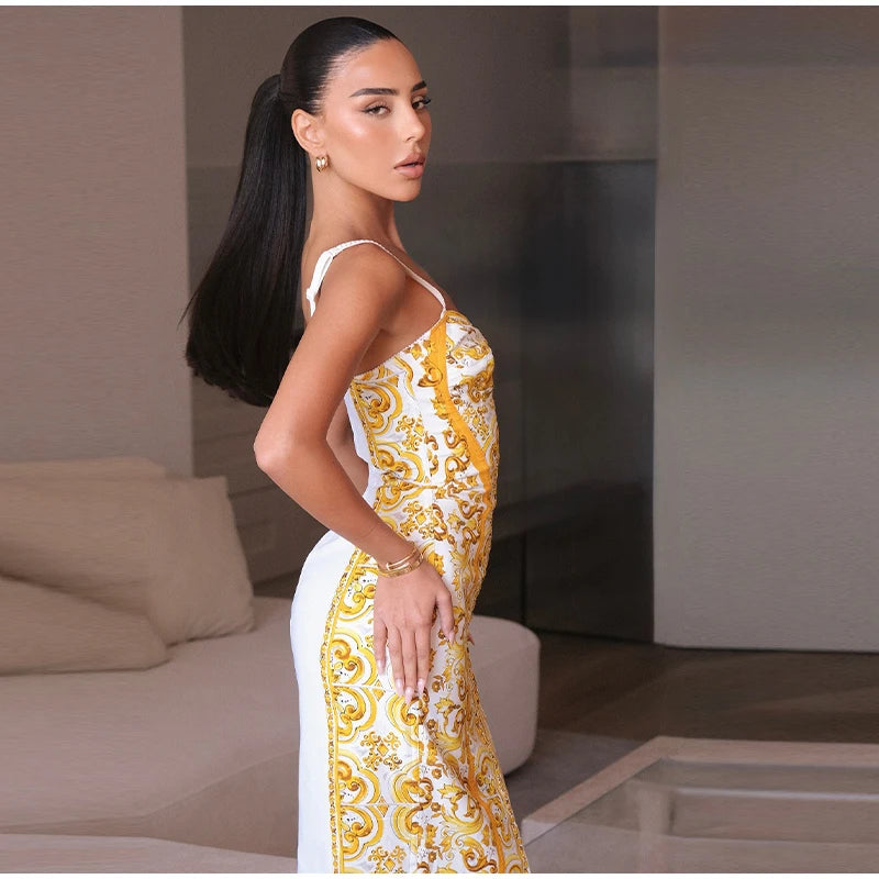 Print & Solid V-Neck Sleeveless Slim Fit Sheath Mid-Calf Dress – Spring/Summer Luxegan