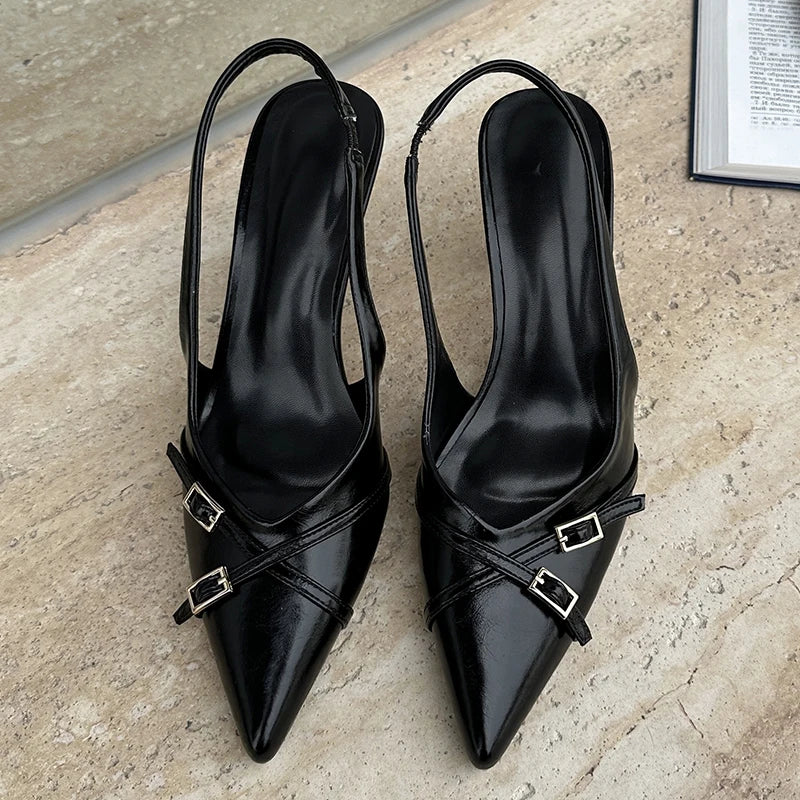 Red Fashion Slingback Heels | Sophisticated 5cm–8cm Thin High Heels | Elegant "Red Solid PU" Silhouette | "Dignified" Round Toe Buckle Strap Pumps for Radiant Versatile Styling Luxegan