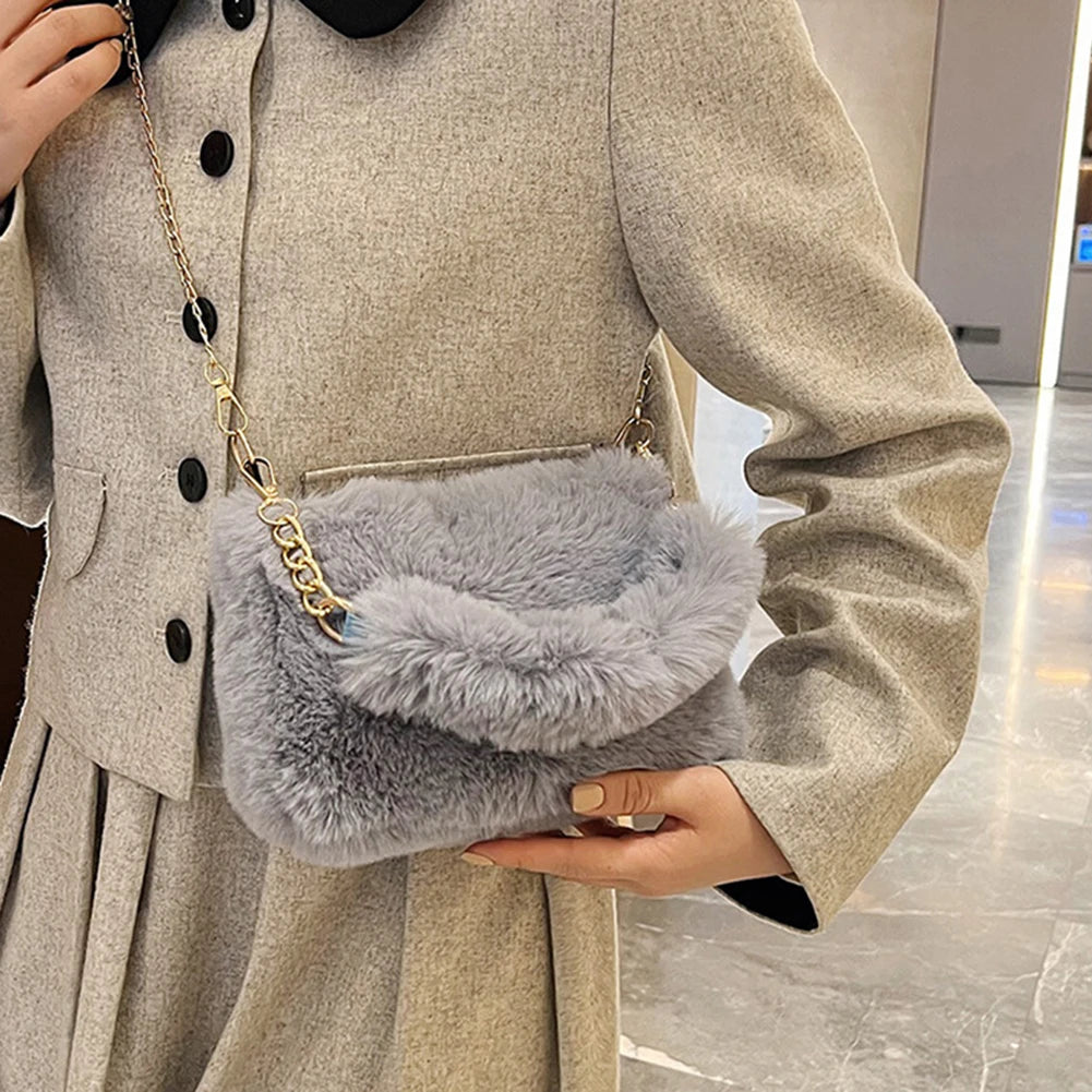 Fuzzy Plush Top Handle Bag | Soft Faux Fur Chain Crossbody Luxegan