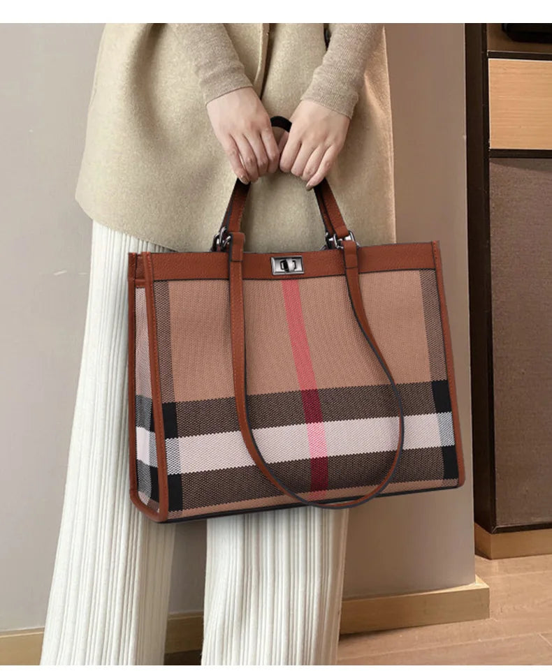 Hard Canvas Striped Designer Tote | Large Capacity Shopping & Shoulder Bag Luxegan