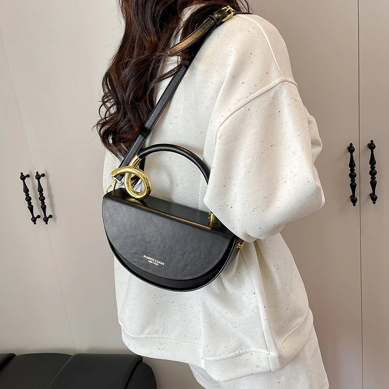 Designer Semicircle Saddle Crossbody | Small Hard PU Leather Handbag Luxegan