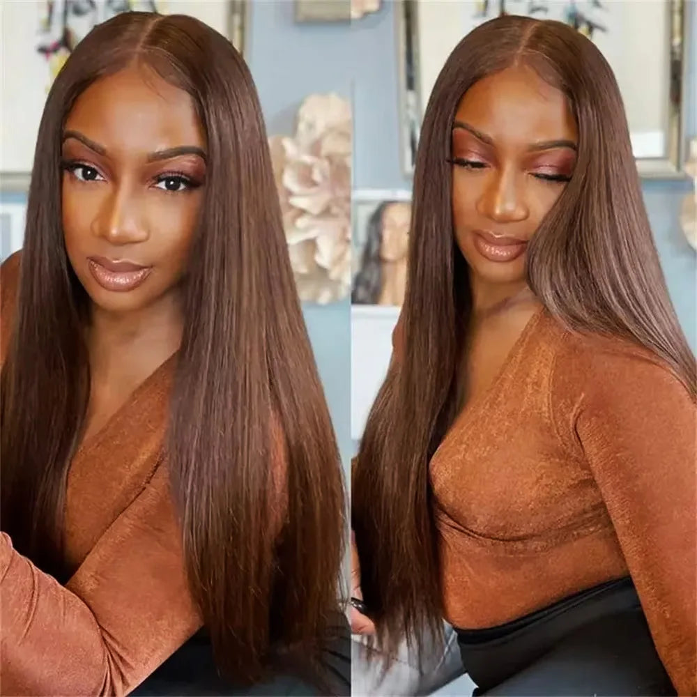 46-Inch #4 Chocolate Brown Straight HD Lace Wig | Sophisticated 200% Density 13x6 Transparent Frontal | Elegant "Brazilian Remy" Silhouette | "Dignified" Pre-Plucked Human Hair for Radiant Versatile Styling Luxegan