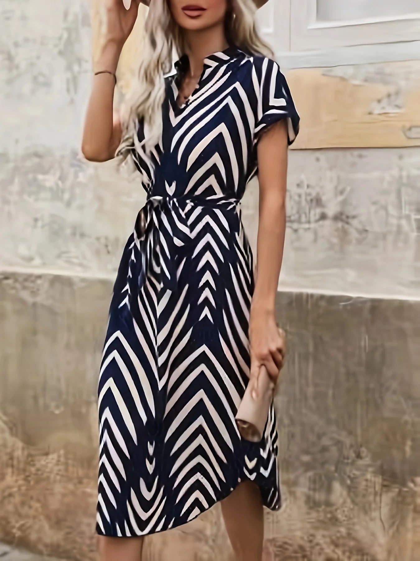 Women's Summer New Striped Belted Dress | Elegant Casual V-Neck Short Sleeve Sundress | Comfortable Knee-Length A-Line Dress | Premium Tatting Slight Stretch Regular Fit Vestido Luxegan
