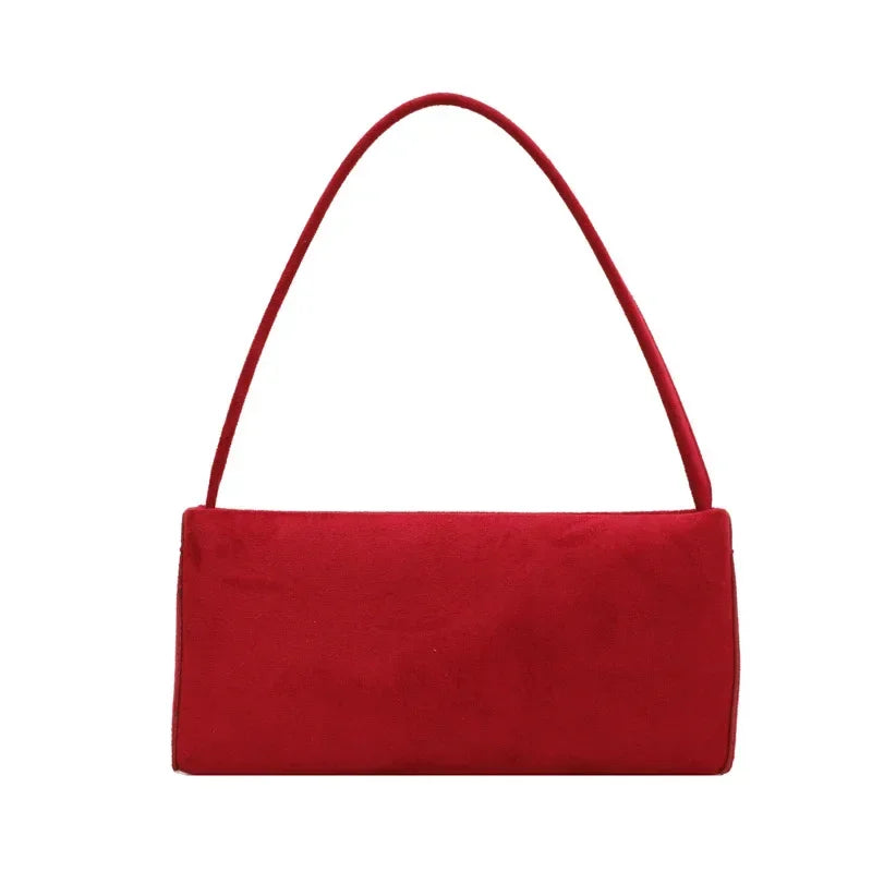 Faux Suede Solid Square Bag | Elegant French Vintage Underarm Handbag Luxegan