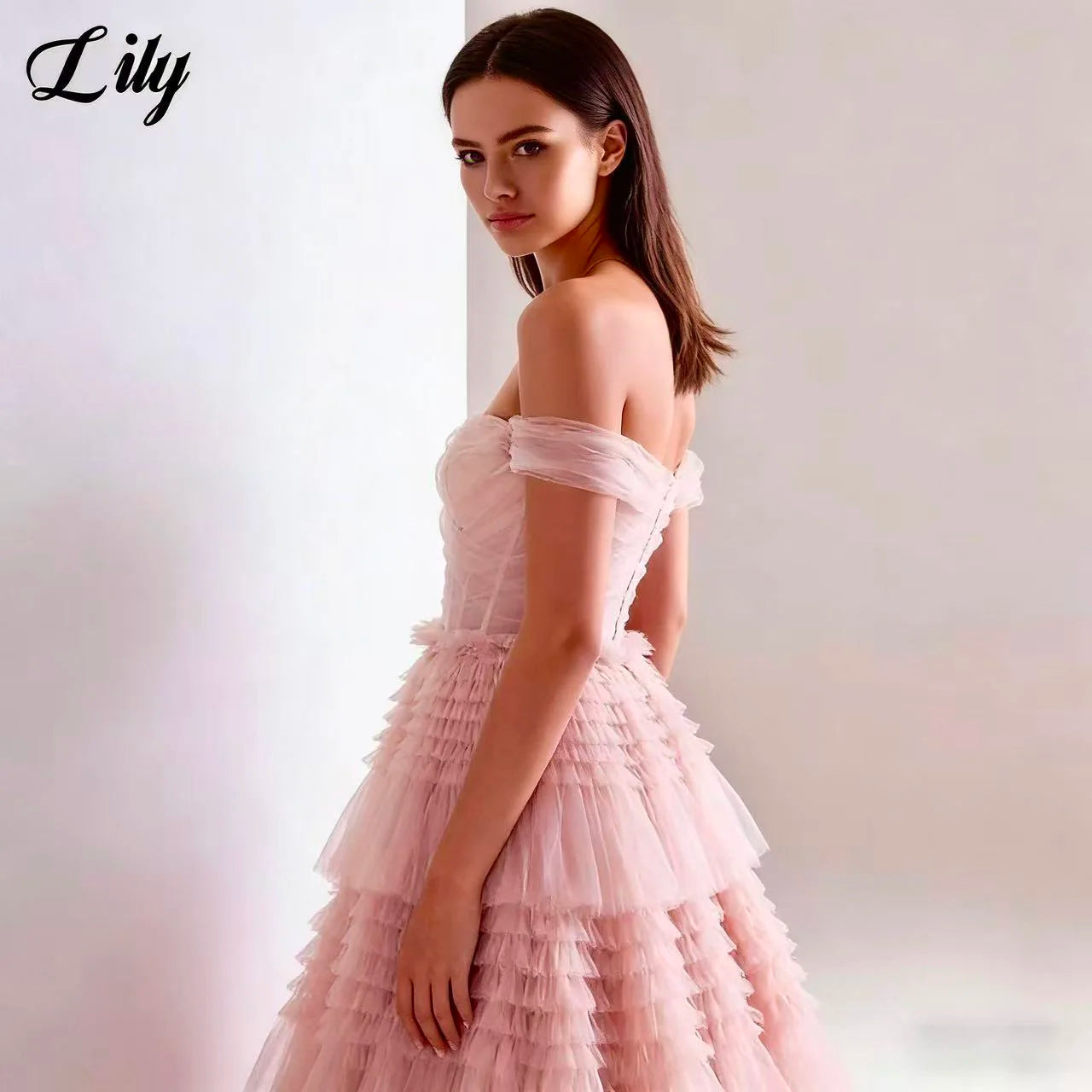Lily Pink Net Formal Dress Tiered Layer Strapless Party Dress For Wedding Off the Shoulder Special Occasion Dresses robe soirée