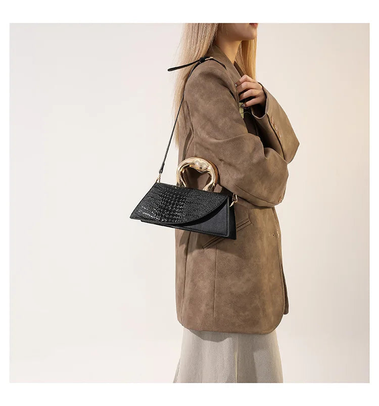 Solid Alligator PU Shoulder & Crossbody Bag | Sophisticated Personality Designer Style Handbag | Elegant High-Quality Alligator Pattern Square Bag | Fashion-Forward Women’s Hot Sale Satchel with "Dignified" Hard Texture Luxegan