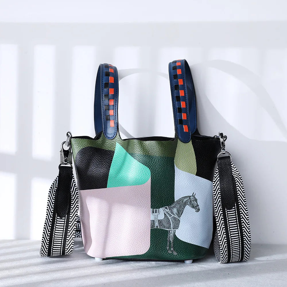 Premium Painting Vegetable Basket Handbag | First Layer Cowhide Genuine Leather Bucket Bag | Artistic Geometric Pattern Tote with Adjustable Strap | Elegant Daily Matching Fashion Purse Luxegan