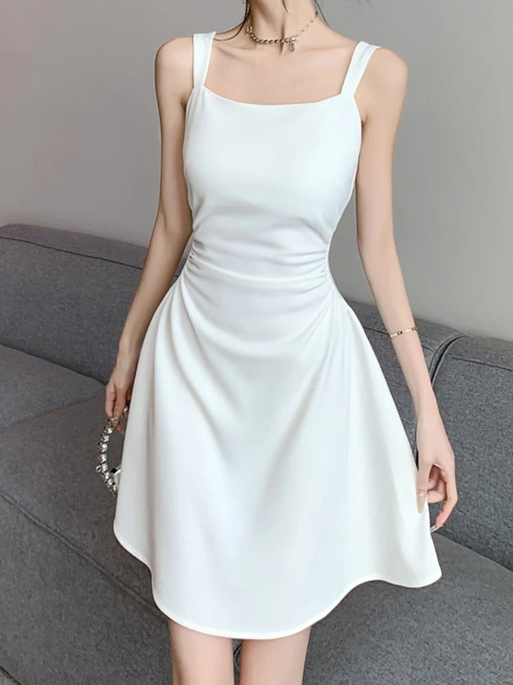 Women's Classic Black & White Suspender Dress | Elegant Lady Daily Temperament A-Line Mini Dress | Fashion Party Camisole Waist Dress | Premium Knit Slim Fit Square Collar Vestido Model 2626 Luxegan