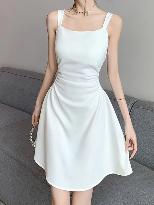 Women's Classic Black & White Suspender Dress | Elegant Lady Daily Temperament A-Line Mini Dress | Fashion Party Camisole Waist Dress | Premium Knit Slim Fit Square Collar Vestido Model 2626 Luxegan