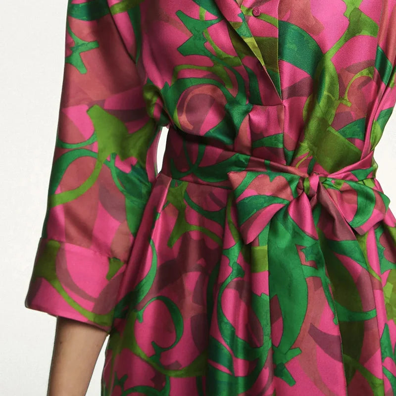 Letter Print Lace-Up Midi Dress | Turn-Down Collar Three-Quarter Sleeve Elegant Office Dress Luxegan