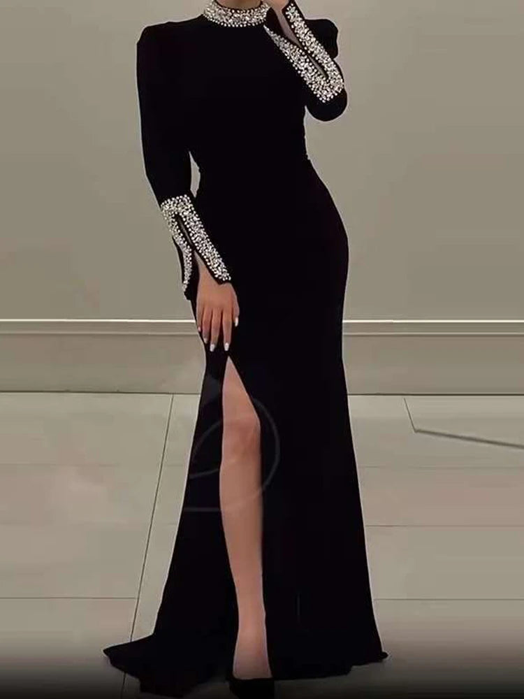 Elegant Solid High Slit Party Dress Temperament Long Sleeve Slim Evening Gala Dress Turtleneck Rhinestone Banquet Dress Women